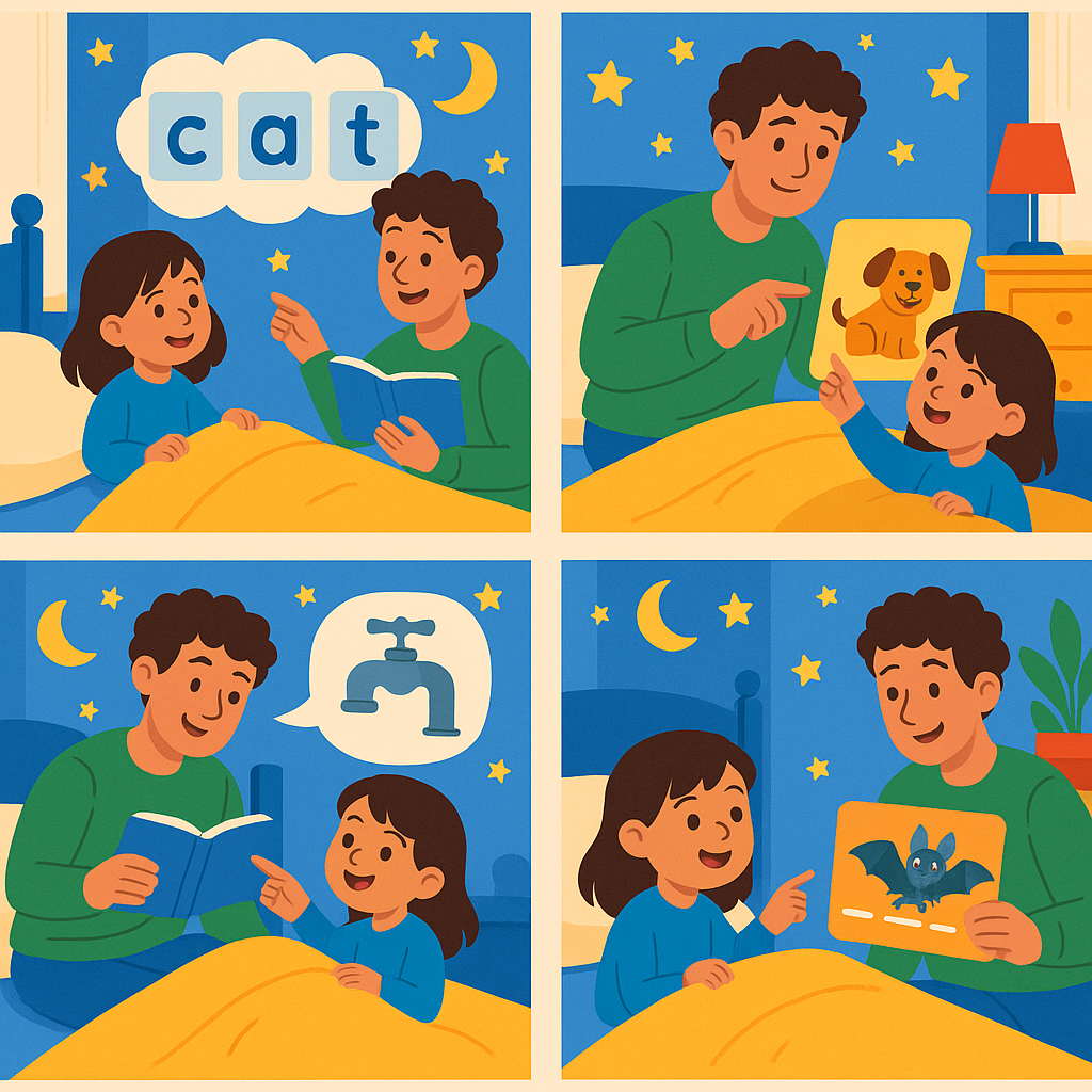 A child excitedly listening to a bedtime story