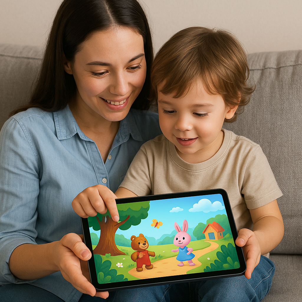 Parent and child using a story app