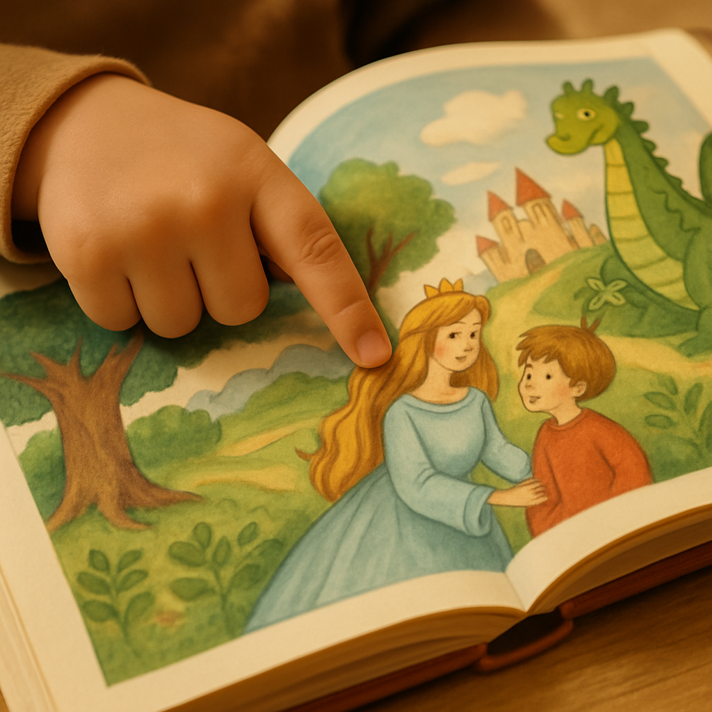 Child pointing to a storybook image